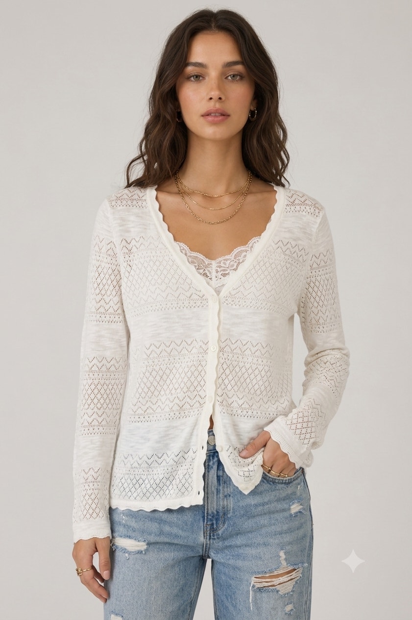 Frye Pointelle Scalloped Hem Cardigan S Cottagecore Coquette Coastal Grandma